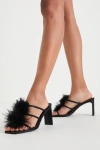 Billini Kayden Black Satin Feather Slide-on High Heel Sandal Heels In Black