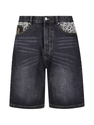 Billionaire Boys Club Leopard-print Panel Denim Shorts In Black