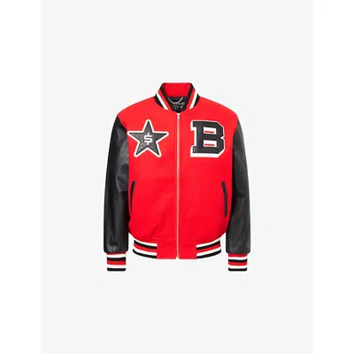 Billionaire Boys Club Mens Red Varsity Leather-sleeves Woven Jacket