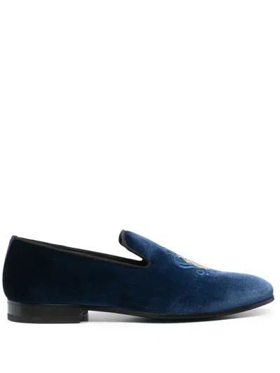 Billionaire Crest-motif Velvet Loafers In Blue