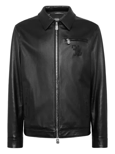 Billionaire Embroidered-logo Leather Jacket In Black