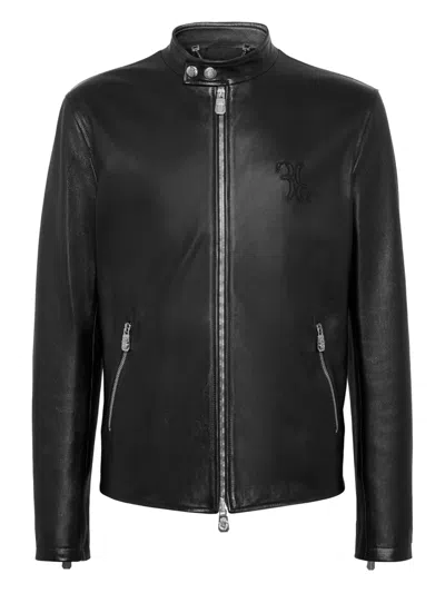 Billionaire Embroidered Zip-fastening Leather Jacket In Black