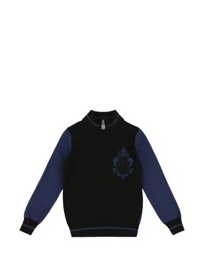 Billionaire Kids' Giglio Quarter-zip Embroidered-detail Wool Pullover In Black
