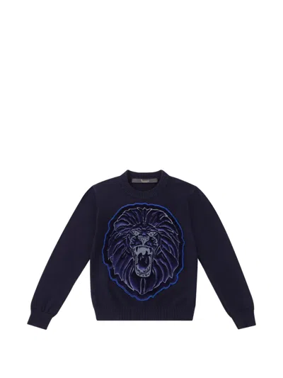 Billionaire Kids' Lion-embroidered Crew-neck Sweater In Blue