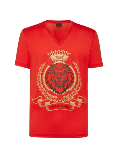 Billionaire Lion-print V-neck T-shirt In Red