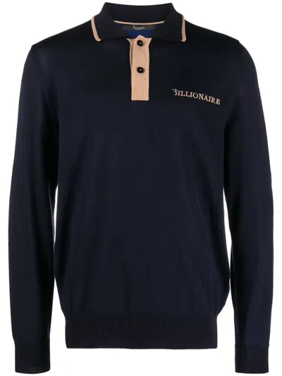 Billionaire Logo-embroidered Merino Polo Shirt In Blue
