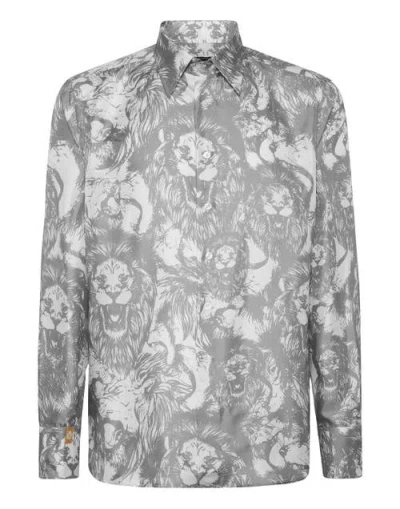 Billionaire Silk Gold Cut Shirt All-over Lion Men In Gray