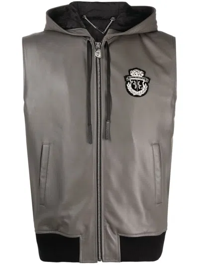 Billionaire Sleeveless Hooded Leather Zip Vest In Grey