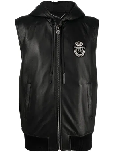 Billionaire Sleeveless Hooded Leather Zip Vest In Schwarz