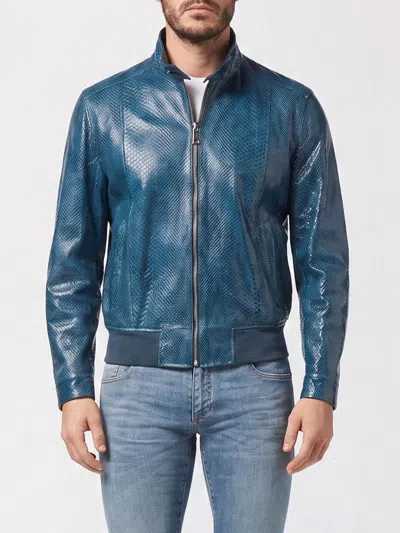 Billionaire Snakeskin Leather Bomber Jacket With High Collar And Zip Closure In Blue