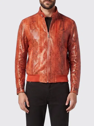 Billionaire Snakeskin Leather Bomber Jacket With High Collar And Zip Closure In Orange