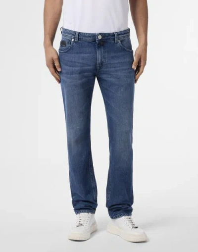 Billionaire Super Straight Cut Jeans Leather Details Men In Blue