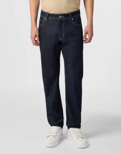Billionaire Super Straight Cut Jeans Leather Details Men In Blue