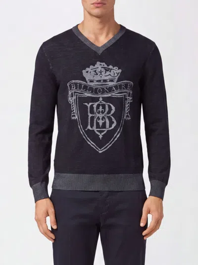 Billionaire Wool And Silk V-neck Jumper With A Jacquard Crest Logo In Blue