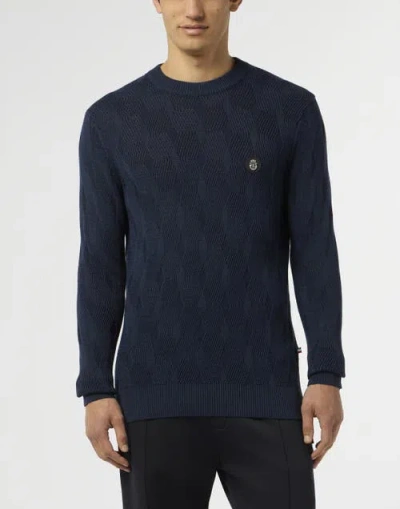 Billionaire Wool Silk Roundneck Pullover Braids Men In Blue