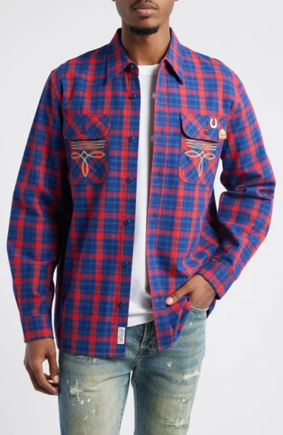 Billionaire Boys Club Dust Embroidered Plaid Flannel Button-up Shirt In Racing Red
