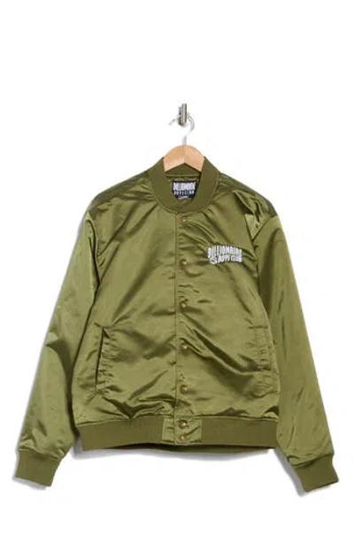 Billionaire Boys Club Globetrotter Nylon Satin Bomber Jacket In Capulet Olive