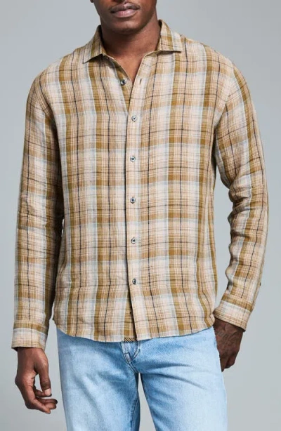 Billy Reid Cedar Dobby Plaid Linen Button-up Shirt In Brown