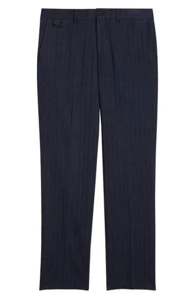 Billy Reid Flat Front Linen Blend Dress Trousers In Blue Herringbone