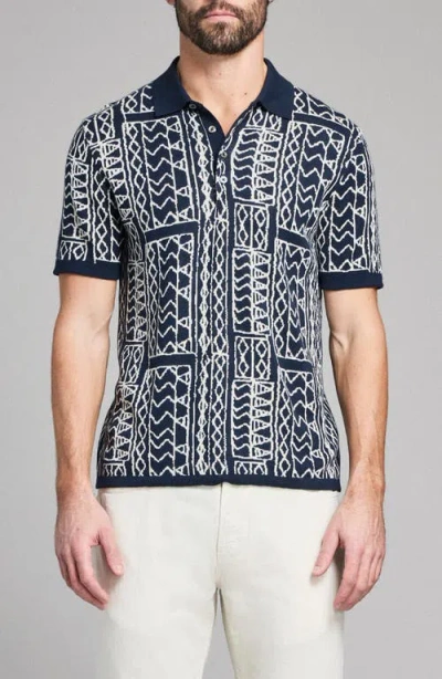 Billy Reid Geo Stitch Cotton Sweater Polo In Blue