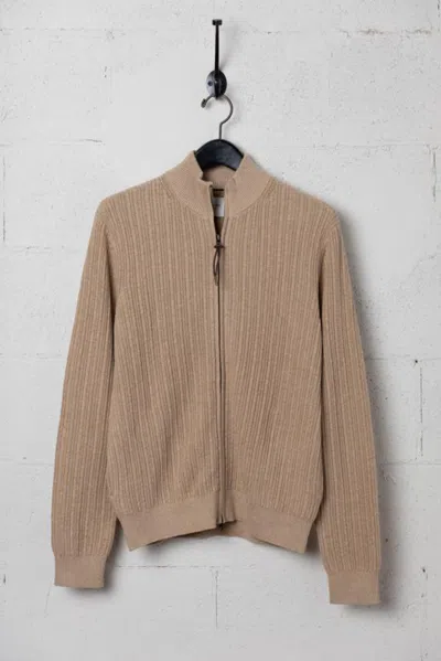 Billy Reid Heirloom Rib Two Way Zip Cardigan In Camel Heather