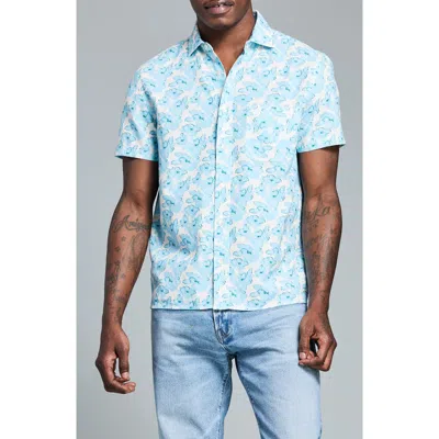 Billy Reid Painted Floral Short Sleeve Cotton Ripstop Button-up Shirt In Blue