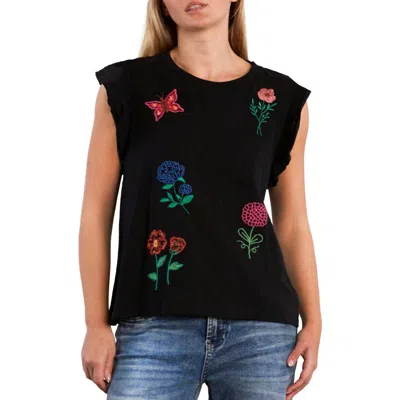 Billy T Aurora Petal Embroidered Sleeveless T-shirt In Black