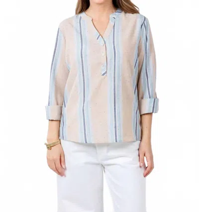 Billy T Belize Stripe Roll Tab Sleeve Popover Shirt In Blue Multi Stripes