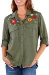 Billy T Birds Of A Feather Embroidered Denim Button-up Shirt In Soft Olive