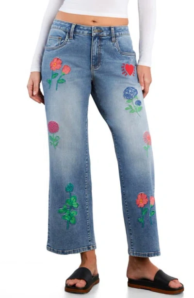 Billy T Blossom Embroidered Ankle Wide Leg Jeans In Blue