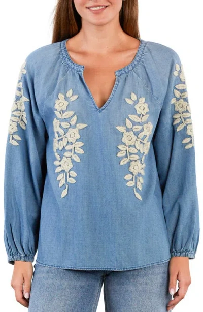 Billy T Boho Jo Floral Embroidered Denim Popover Top In Blue