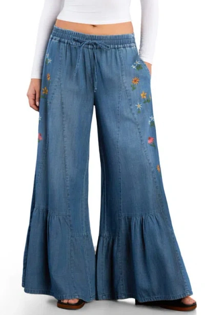 Billy T Embroidered Butterfly Drawstring Wide Leg Jeans In Blue