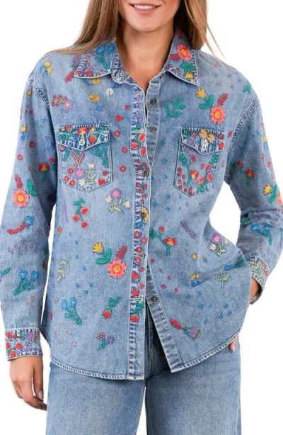Billy T Embroidered Floral Garden Denim Shirt Jacket In Multi