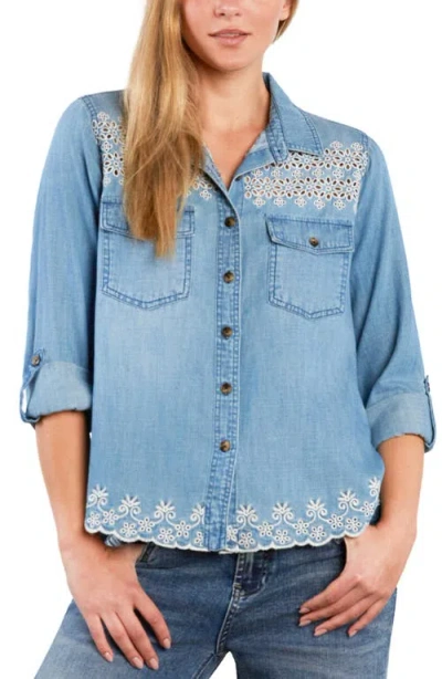 Billy T Eyelet Butterfly Button-up Shirt In Blue