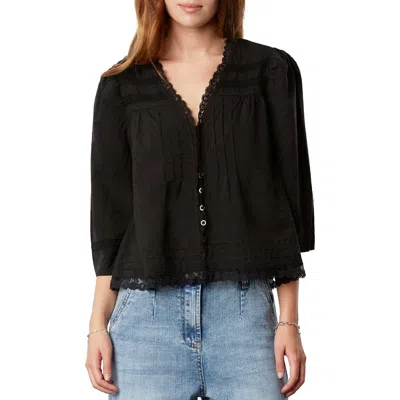 Billy T Fable Floral Lace Trim Cotton Blend Button-up Shirt In Black Beauty