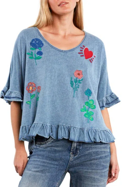 Billy T Floral & Heart Ruffle T-shirt In Blue
