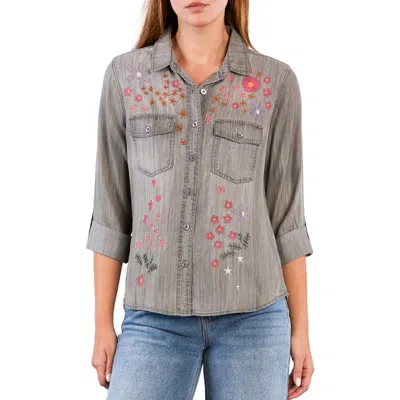 Billy T Floral Crush Embroidered Denim Shirt In Blue