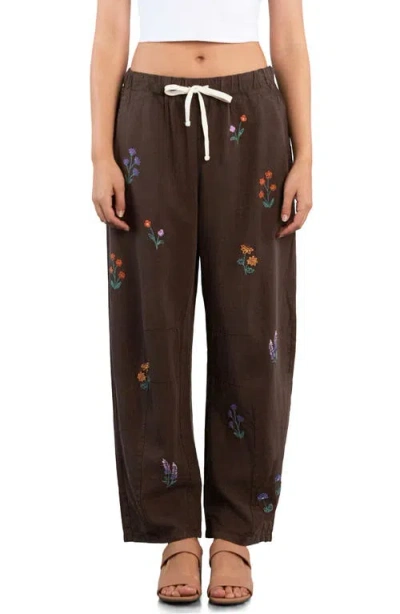 Billy T Floral Embroidered Barrel Leg Pants In Brown