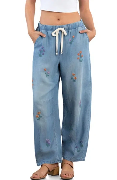 Billy T Floral Embroidered Barrel Leg Pants In Washed Blue