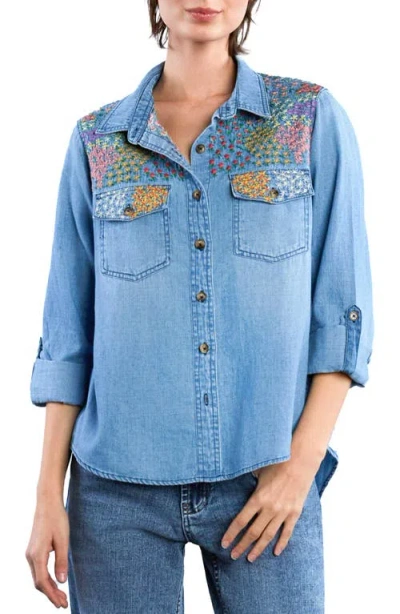 Billy T Flower Patch Embroidered Denim Button-up Shirt