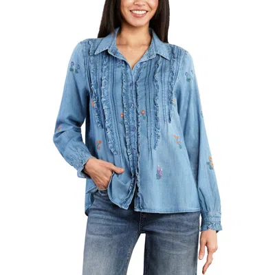 Billy T Garden Embroidered Ruffle Pintuck Shirt In Blue