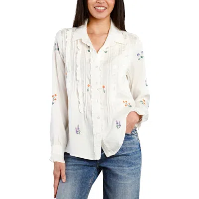Billy T Garden Embroidered Ruffle Pintuck Shirt In White