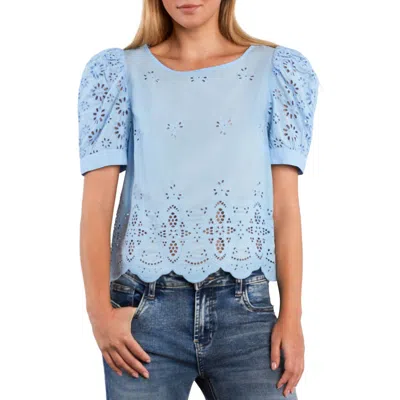 Billy T Halo Eyelet Puff Sleeve Cotton Blend Top In Blue