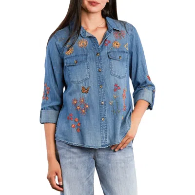 Billy T Happy Garden Denim Roll Tab Sleeve Shirt In Blue