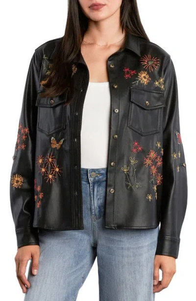 Billy T Happy Garden Faux Leather Button-up Shirt In Black