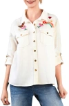 Billy T Happy Place Embrodiered Denim Button-up Shirt In White
