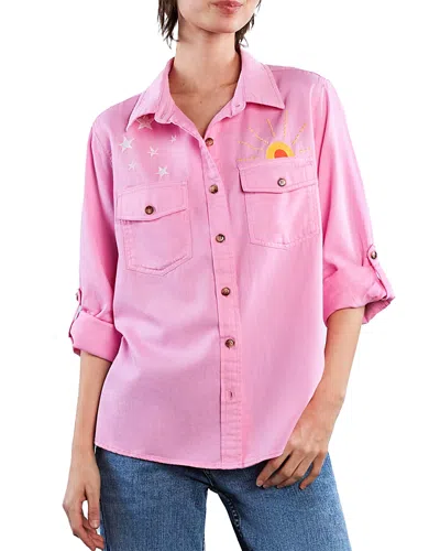 Billy T Hello Sunshine Embroidered Denim Shirt In Perfect Pink