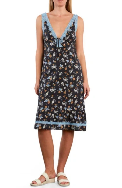 Billy T Lace Detail Floral Cotton Blend Slipdress In Black