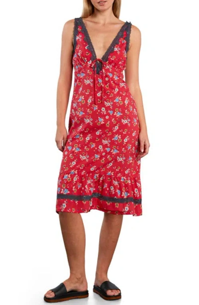 Billy T Lace Detail Floral Cotton Blend Slipdress In Red