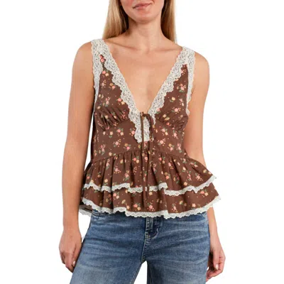 Billy T Lace Trim Cotton Blend Top In Brown